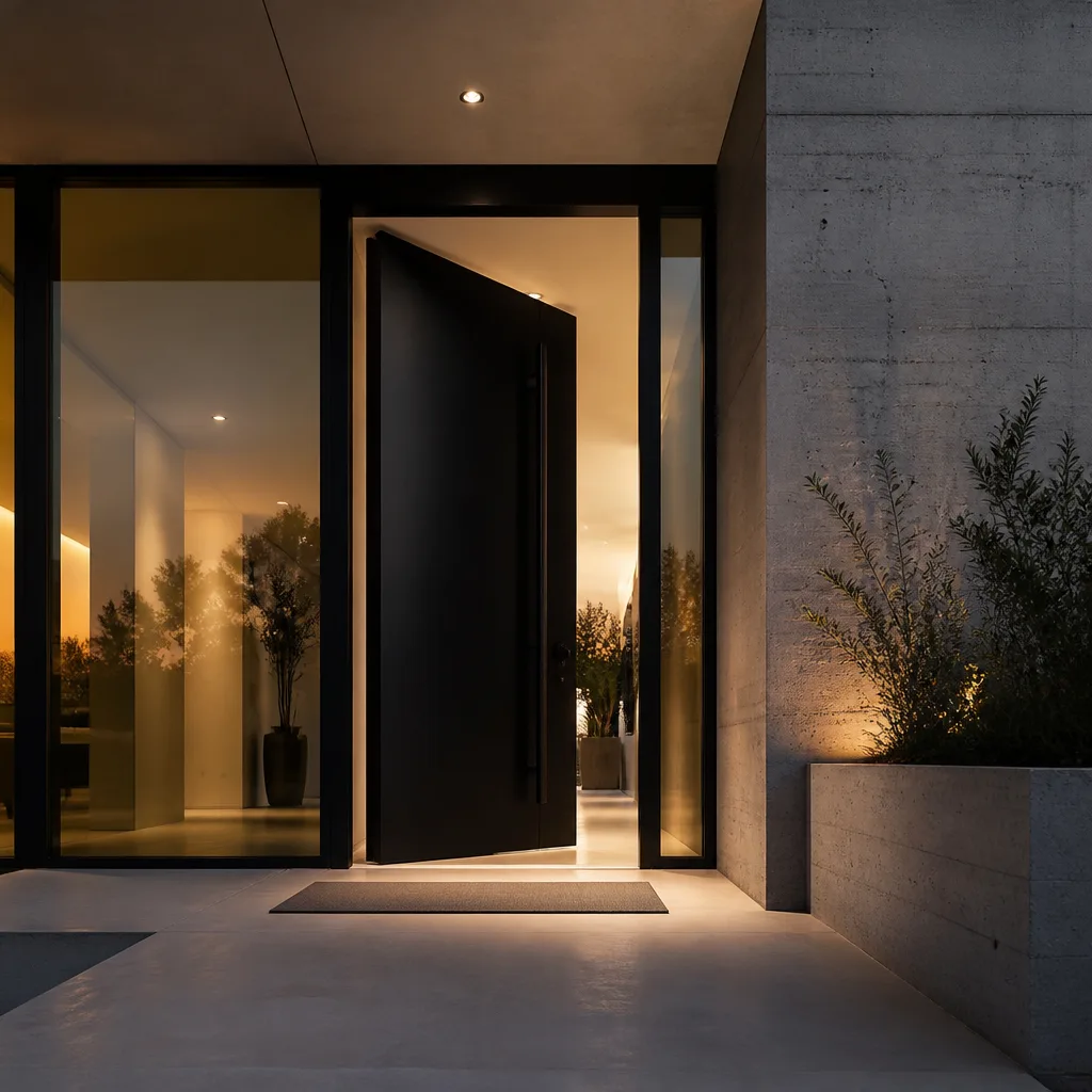 Modern black front entry door installation in a contemporary home