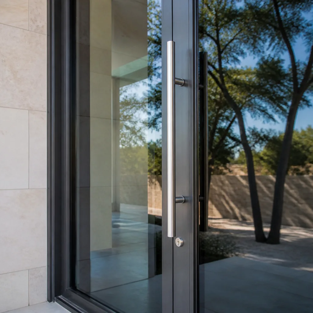 Modern glass door installation with sleek metal handle on stone building