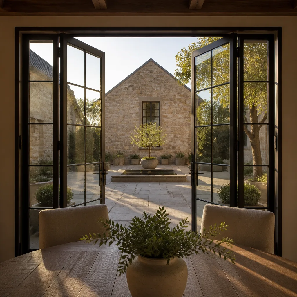 Modern black-framed French doors opening onto a serene stone courtyard patio.