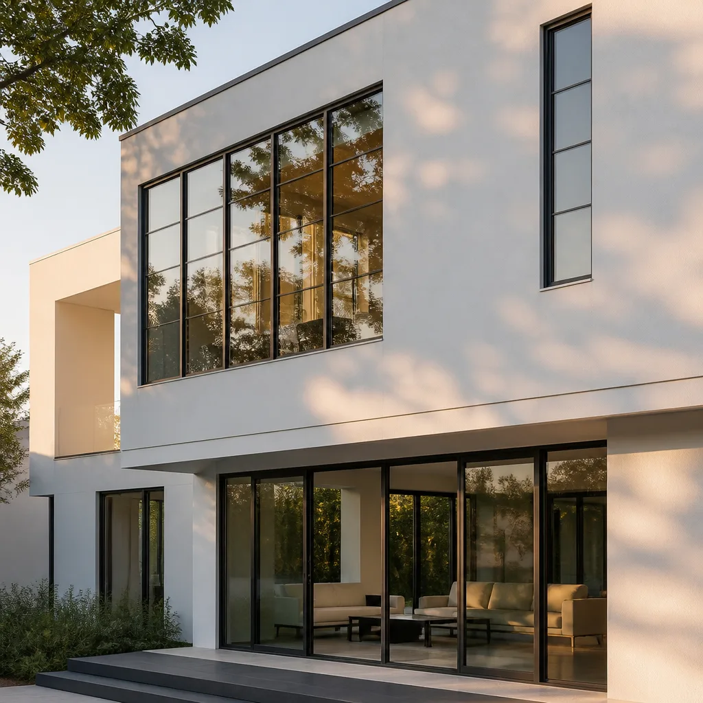 Modern home exterior featuring custom energy-efficient window and door installations