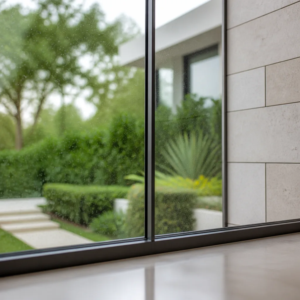 Modern floor-to-ceiling window installation with view of landscaped garden