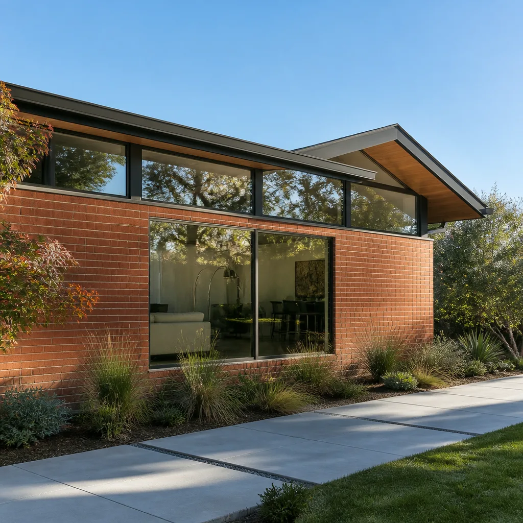 Modern home exterior with new energy-efficient window replacement installed