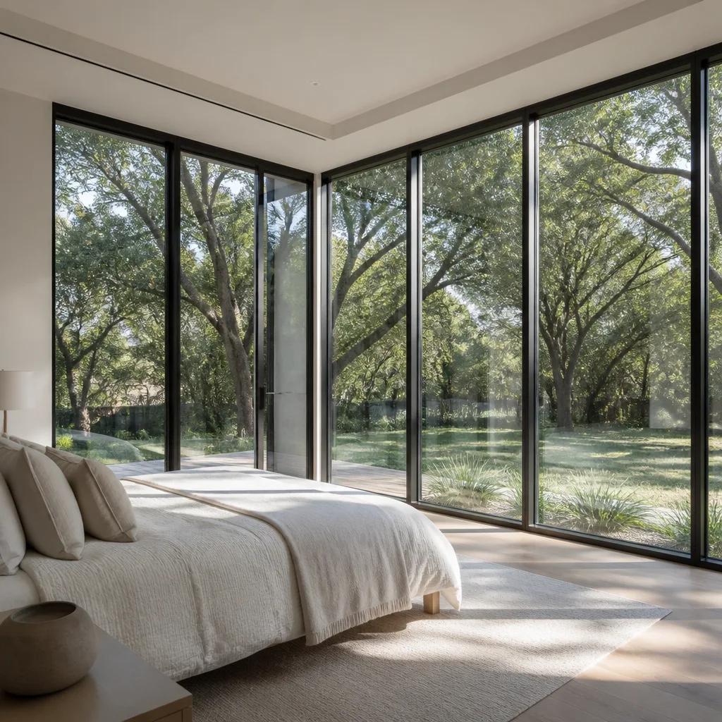 Modern floor-to-ceiling glass windows in a bright bedroom