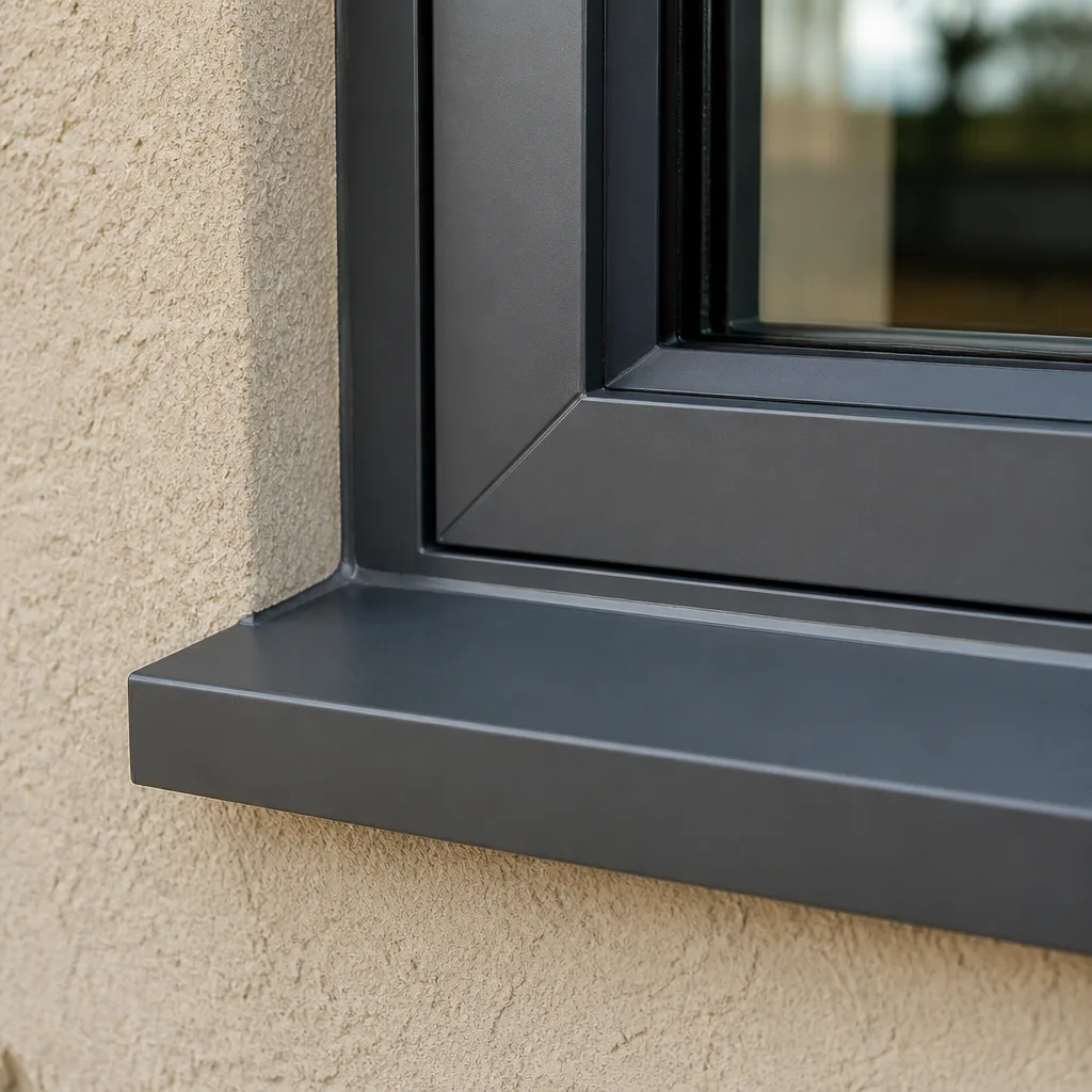 Modern dark grey aluminum window frame installed in a stucco wall